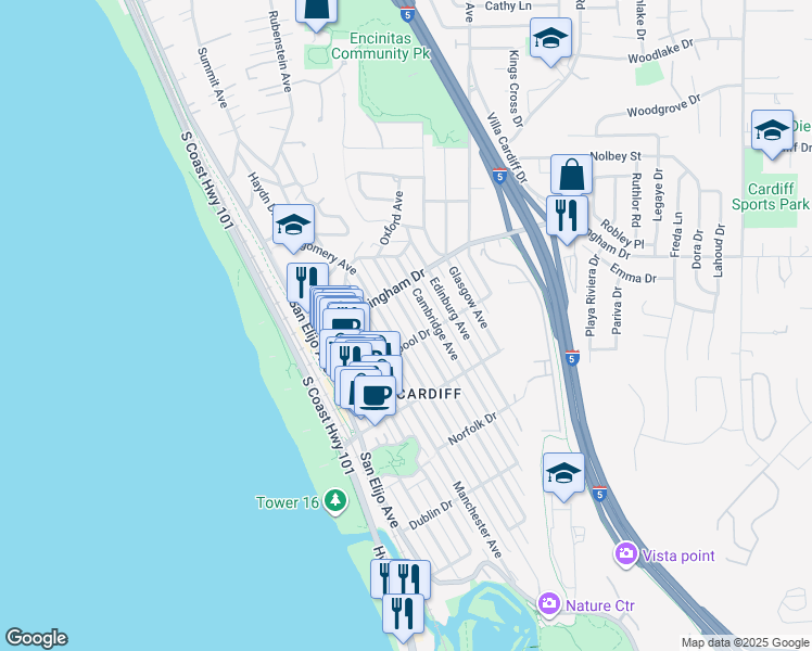 map of restaurants, bars, coffee shops, grocery stores, and more near 2080 Montgomery Avenue in Encinitas
