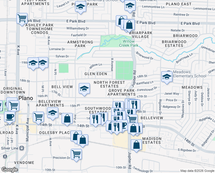 map of restaurants, bars, coffee shops, grocery stores, and more near 1715 R Avenue in Plano