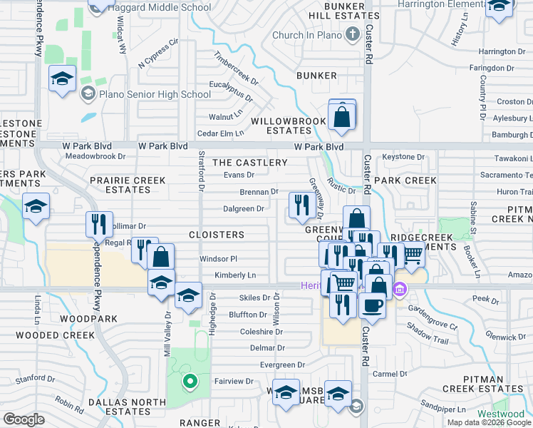map of restaurants, bars, coffee shops, grocery stores, and more near 1708 Mollimar Drive in Plano