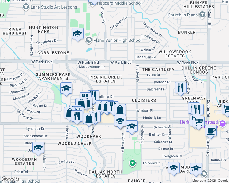map of restaurants, bars, coffee shops, grocery stores, and more near 2721 Mollimar Drive in Plano