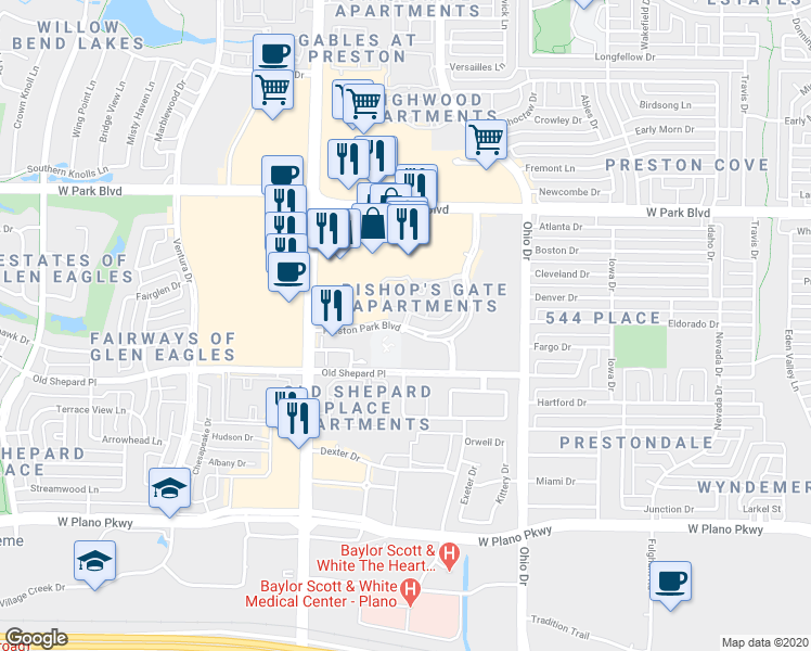map of restaurants, bars, coffee shops, grocery stores, and more near 4800 Preston Park Boulevard in Plano