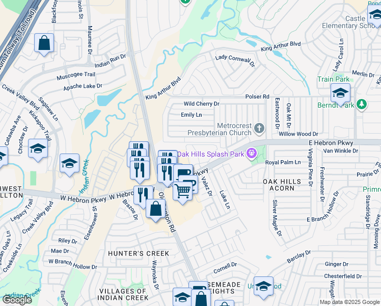 map of restaurants, bars, coffee shops, grocery stores, and more near 4120 Old Denton Road in Carrollton