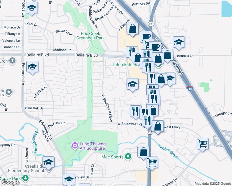 map of restaurants, bars, coffee shops, grocery stores, and more near 6 Country Ridge Road in Lewisville