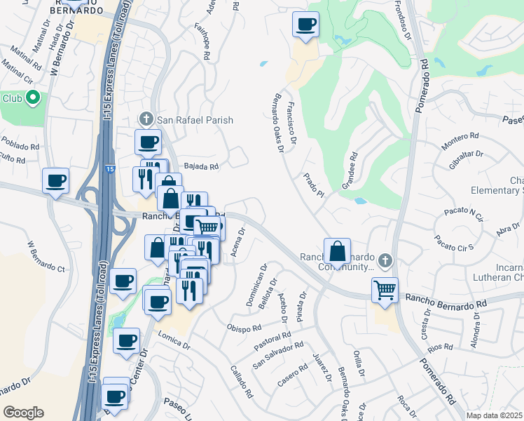 map of restaurants, bars, coffee shops, grocery stores, and more near 12055 Caminito Campana in San Diego