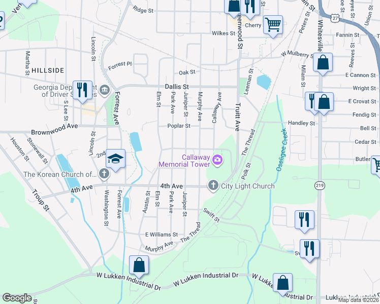 map of restaurants, bars, coffee shops, grocery stores, and more near 1101 Juniper Street in LaGrange