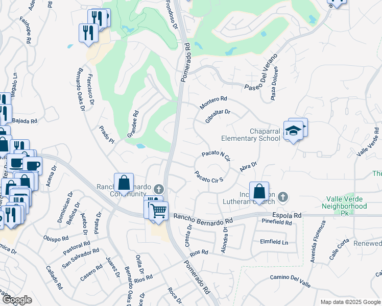 map of restaurants, bars, coffee shops, grocery stores, and more near 12576 Perla Court in San Diego
