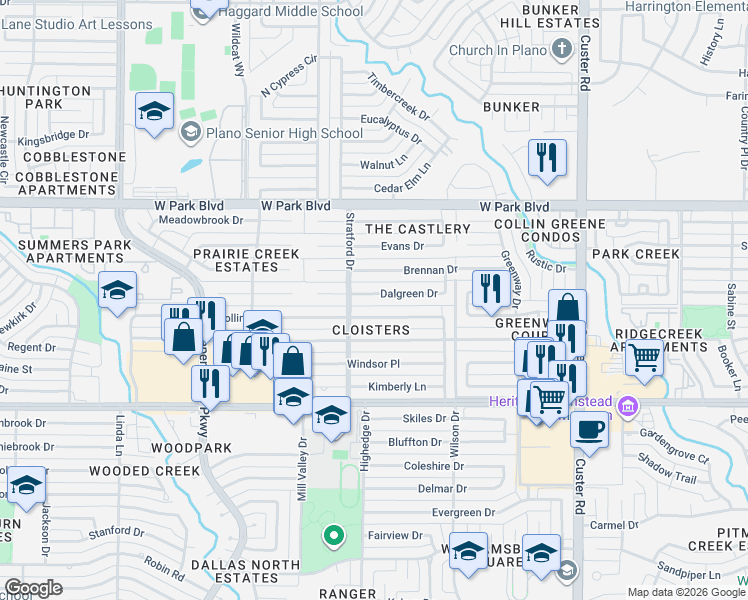 map of restaurants, bars, coffee shops, grocery stores, and more near in Plano