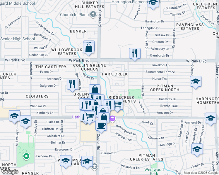 map of restaurants, bars, coffee shops, grocery stores, and more near 1956 Vantage Drive in Plano