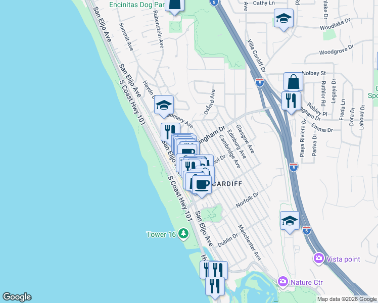 map of restaurants, bars, coffee shops, grocery stores, and more near 2015 San Elijo Avenue in Encinitas