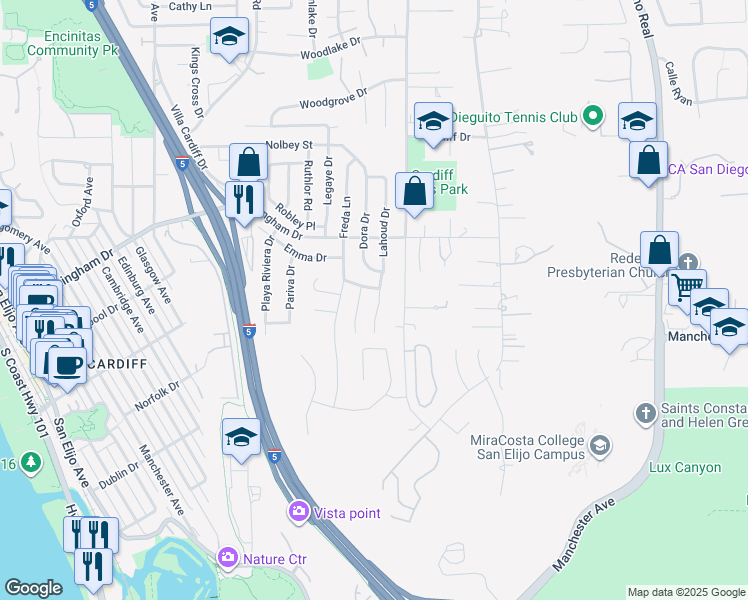 map of restaurants, bars, coffee shops, grocery stores, and more near 1939 Park Crest Drive in Encinitas