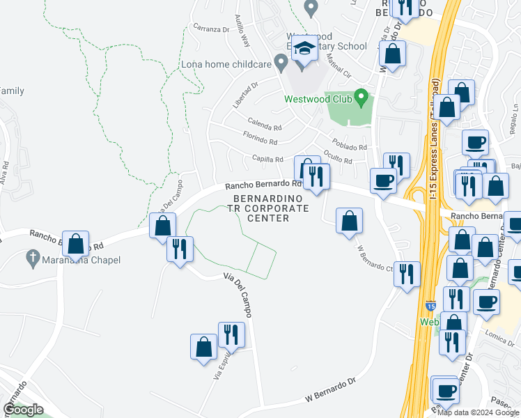 map of restaurants, bars, coffee shops, grocery stores, and more near 11111 Rancho Bernardo Road in San Diego
