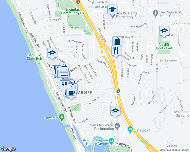 map of restaurants, bars, coffee shops, grocery stores, and more near 2128 Glasgow Avenue in Encinitas