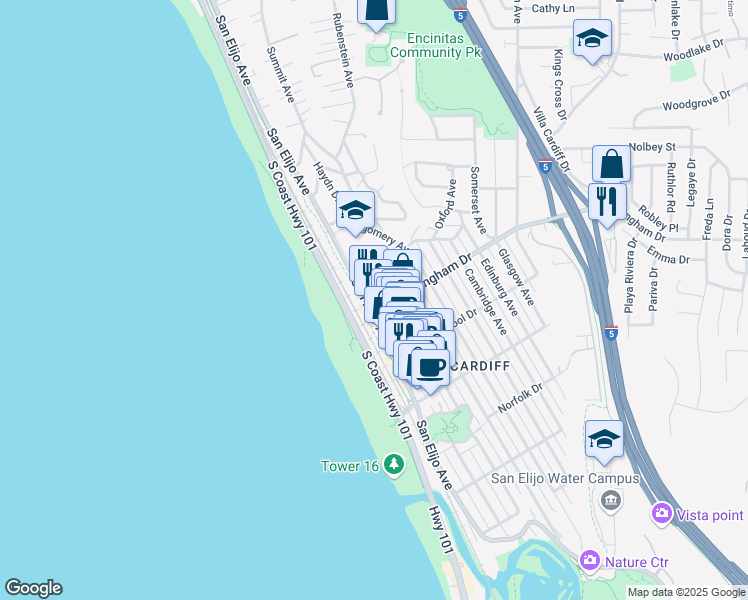 map of restaurants, bars, coffee shops, grocery stores, and more near 1967 San Elijo Avenue in Encinitas