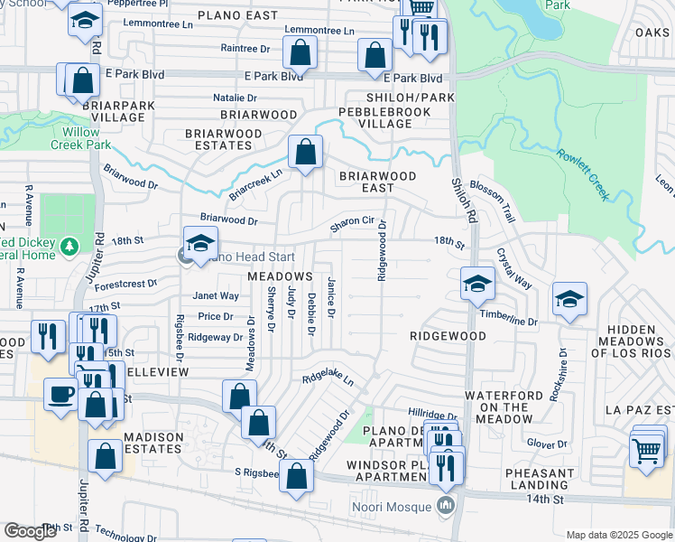 map of restaurants, bars, coffee shops, grocery stores, and more near 1612 Janice Drive in Plano