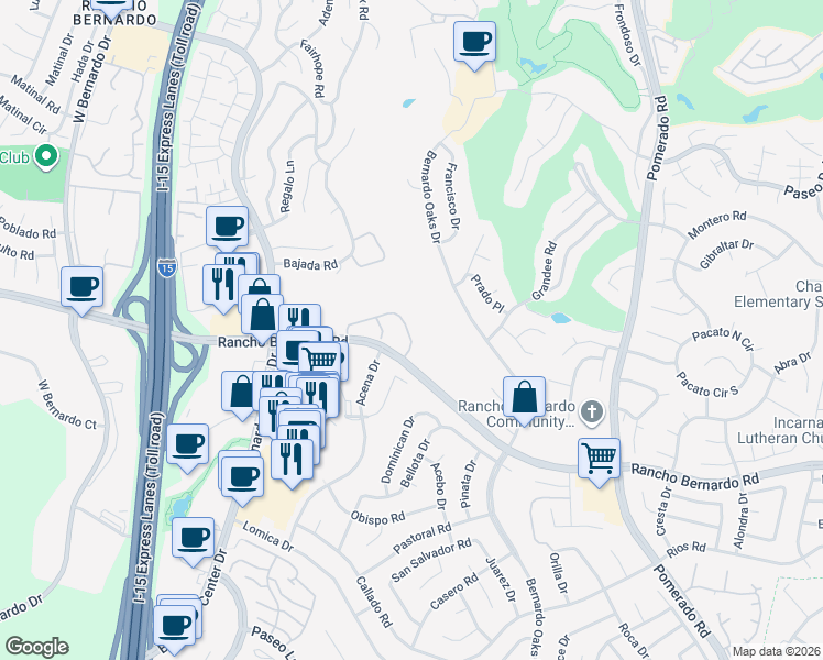 map of restaurants, bars, coffee shops, grocery stores, and more near 12127 Caminito Campana in San Diego