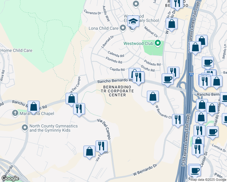 map of restaurants, bars, coffee shops, grocery stores, and more near 11111 Rancho Bernardo Road in San Diego