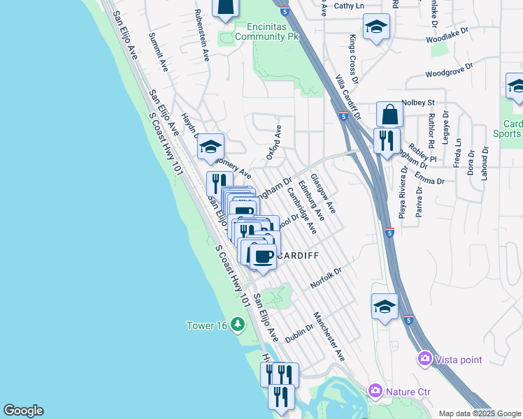 map of restaurants, bars, coffee shops, grocery stores, and more near 2080 Montgomery Avenue in Encinitas