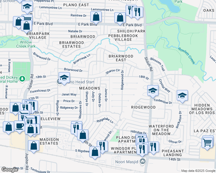 map of restaurants, bars, coffee shops, grocery stores, and more near 1612 Janice Drive in Plano