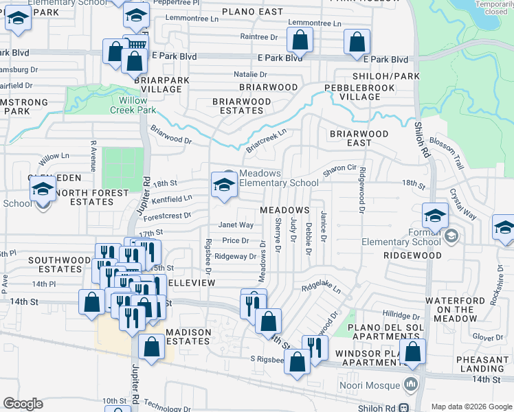 map of restaurants, bars, coffee shops, grocery stores, and more near 1707 Meadows Drive in Plano