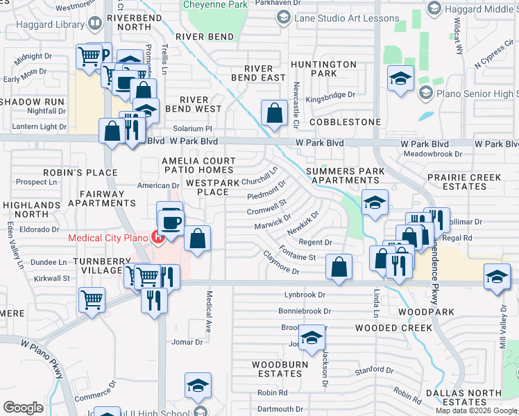 map of restaurants, bars, coffee shops, grocery stores, and more near 3537 Marwick Drive in Plano
