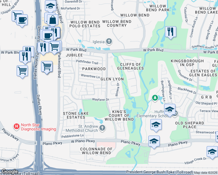 map of restaurants, bars, coffee shops, grocery stores, and more near 5717 Whitecliff Circle in Plano