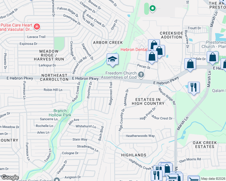 map of restaurants, bars, coffee shops, grocery stores, and more near 4020 Ridgecrest Trail in Carrollton