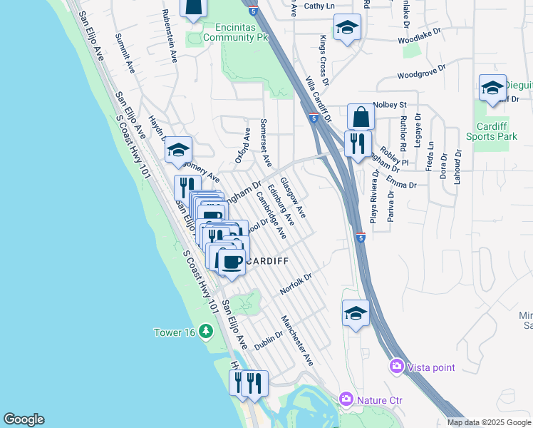 map of restaurants, bars, coffee shops, grocery stores, and more near 2111 Oxford Avenue in Encinitas