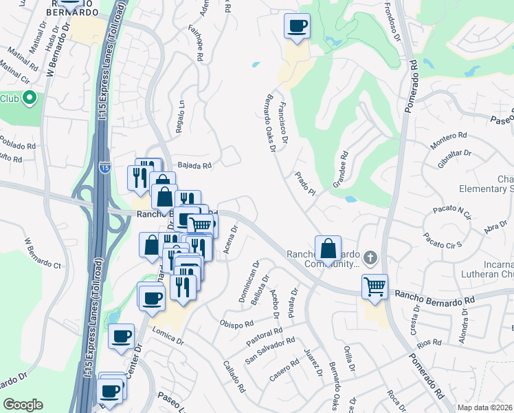 map of restaurants, bars, coffee shops, grocery stores, and more near 12127 Caminito Campana in San Diego