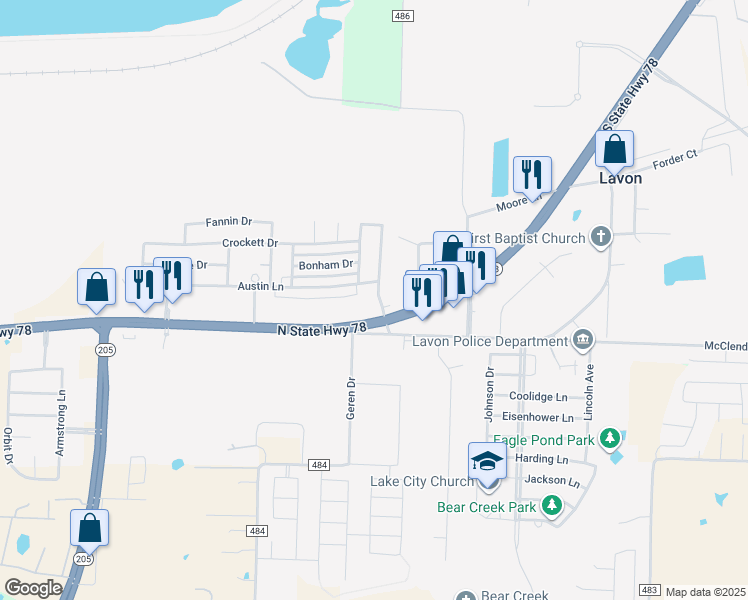 map of restaurants, bars, coffee shops, grocery stores, and more near 411 Texas 78 in Lavon