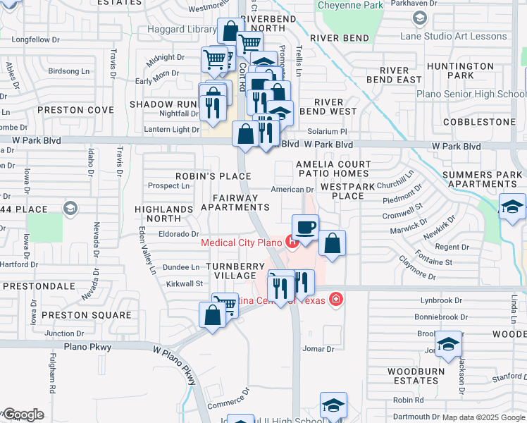 map of restaurants, bars, coffee shops, grocery stores, and more near 3 Eldorado Drive in Plano
