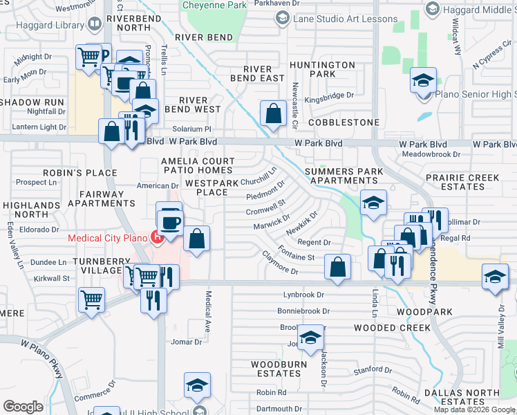 map of restaurants, bars, coffee shops, grocery stores, and more near 3537 Marwick Drive in Plano
