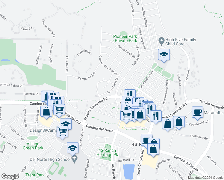 map of restaurants, bars, coffee shops, grocery stores, and more near 16913 Silver Crest Drive in San Diego