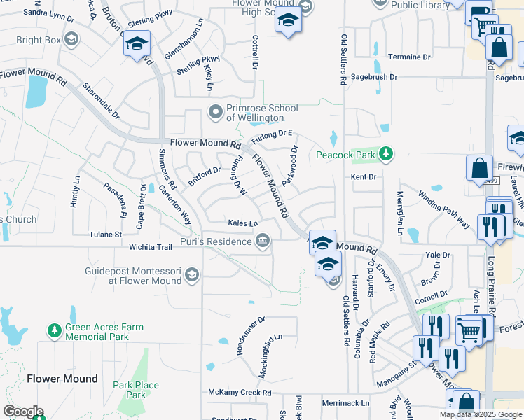 map of restaurants, bars, coffee shops, grocery stores, and more near 3521 Castlewood Court in Flower Mound