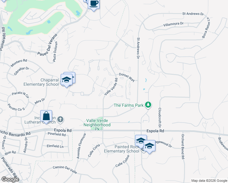 map of restaurants, bars, coffee shops, grocery stores, and more near 13238 Vinter Way in Poway