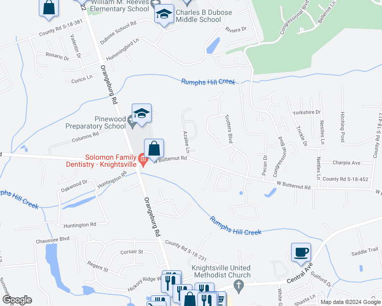 map of restaurants, bars, coffee shops, grocery stores, and more near 2102 Rockport Court in Summerville
