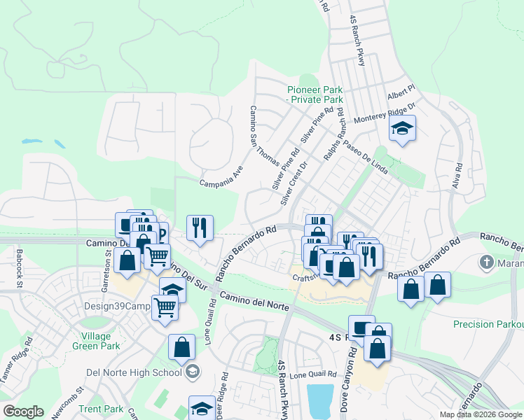 map of restaurants, bars, coffee shops, grocery stores, and more near 16924 Silver Pine Road in San Diego