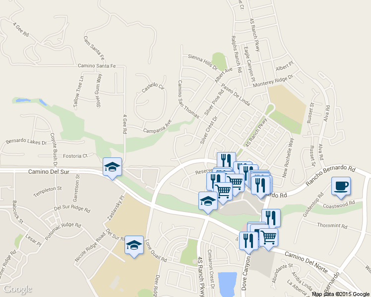 map of restaurants, bars, coffee shops, grocery stores, and more near 16924 Silver Pine Road in San Diego