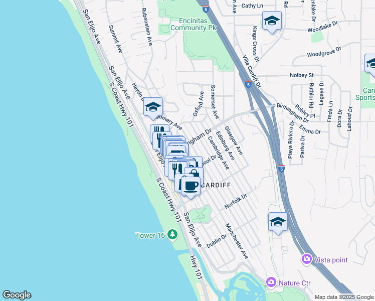map of restaurants, bars, coffee shops, grocery stores, and more near 1973 Manchester Avenue in Encinitas