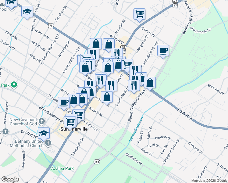 map of restaurants, bars, coffee shops, grocery stores, and more near 412 North Magnolia Street in Summerville