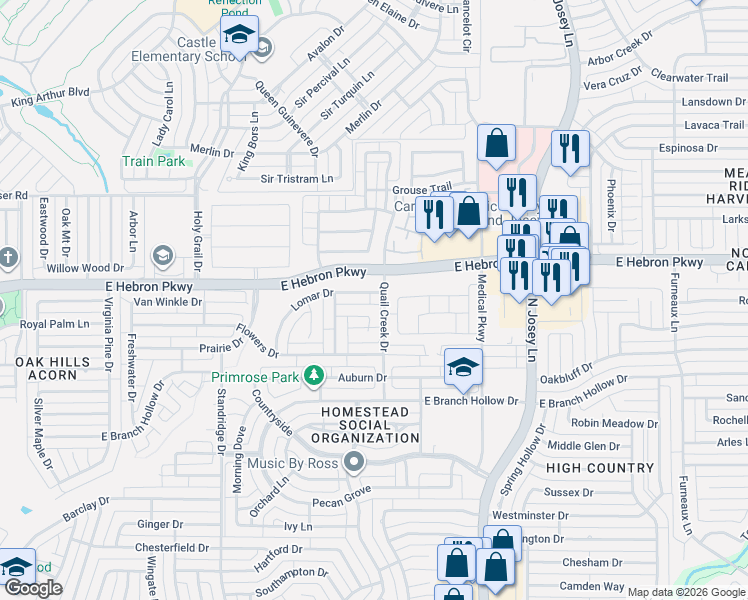 map of restaurants, bars, coffee shops, grocery stores, and more near 4153 Cobblestone Drive in Carrollton