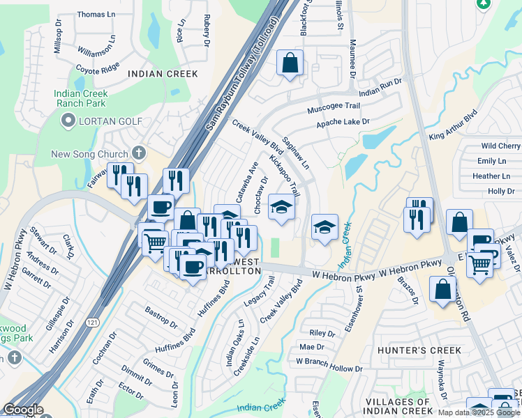 map of restaurants, bars, coffee shops, grocery stores, and more near 4116 Choctaw Drive in Carrollton