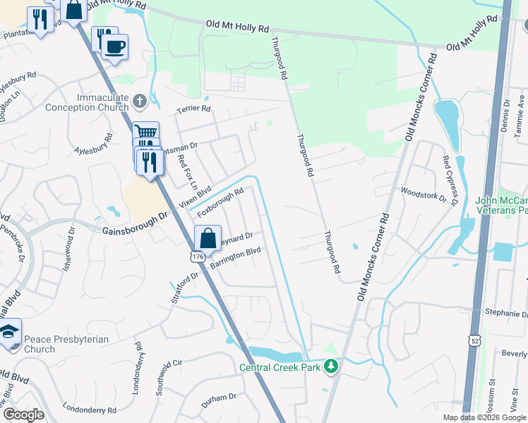 map of restaurants, bars, coffee shops, grocery stores, and more near 215 Foxborough Road in Goose Creek