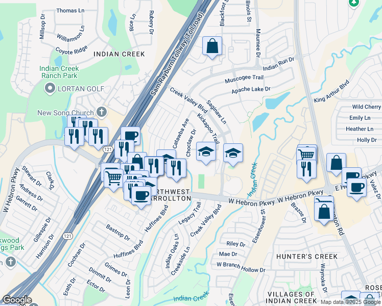 map of restaurants, bars, coffee shops, grocery stores, and more near 4116 Choctaw Drive in Carrollton