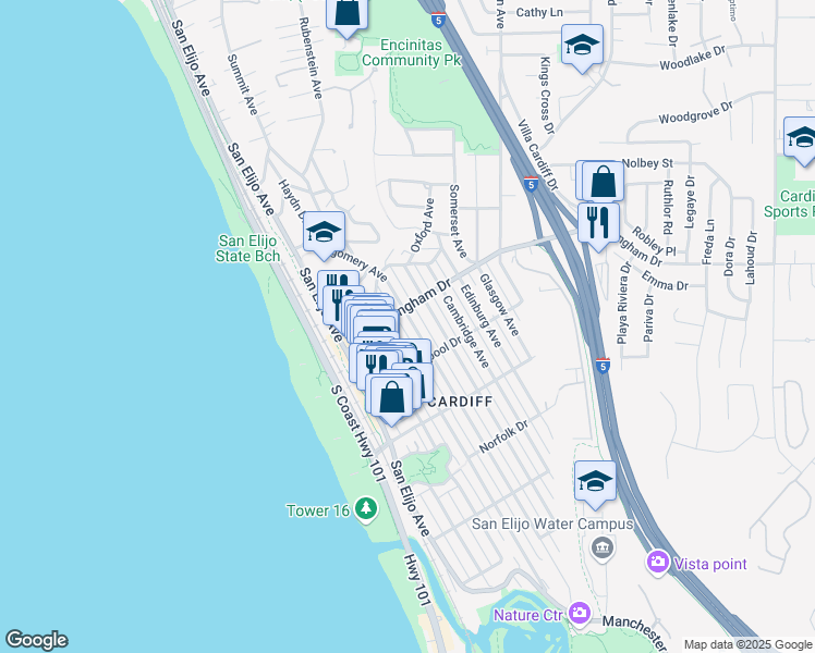 map of restaurants, bars, coffee shops, grocery stores, and more near 2008 Oxford Avenue in Encinitas