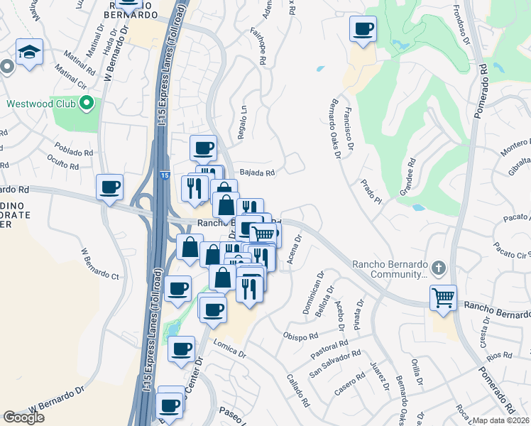 map of restaurants, bars, coffee shops, grocery stores, and more near 11942 Rancho Bernardo Road in San Diego