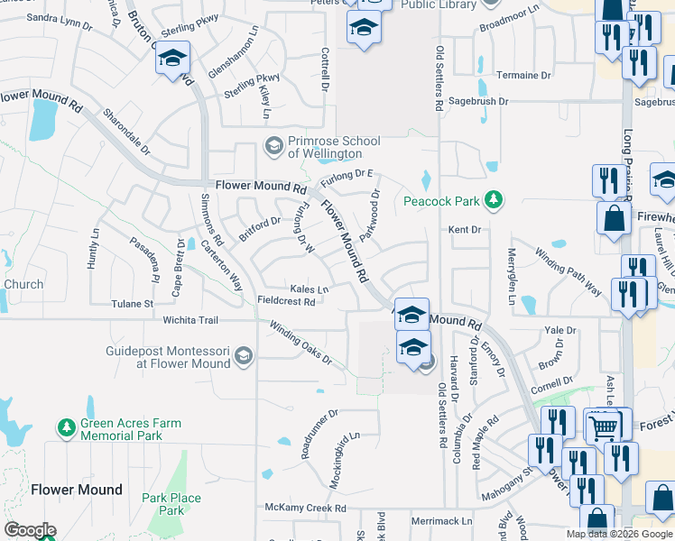 map of restaurants, bars, coffee shops, grocery stores, and more near 3508 Castlewood Court in Flower Mound