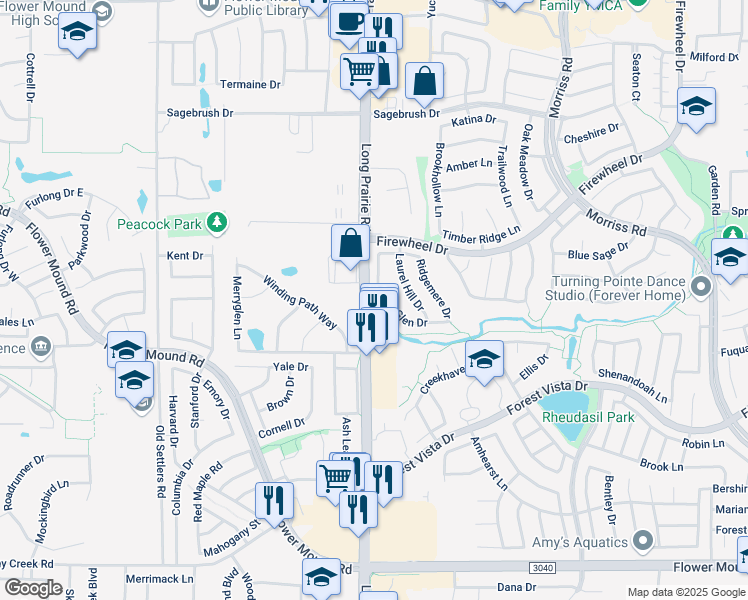 map of restaurants, bars, coffee shops, grocery stores, and more near 2901 Long Prairie Road in Flower Mound