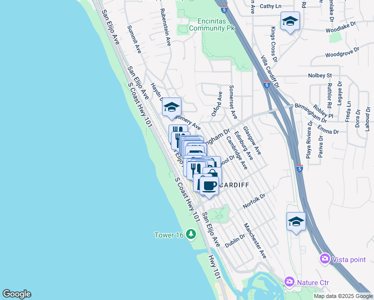 map of restaurants, bars, coffee shops, grocery stores, and more near 119 Mozart Avenue in Encinitas