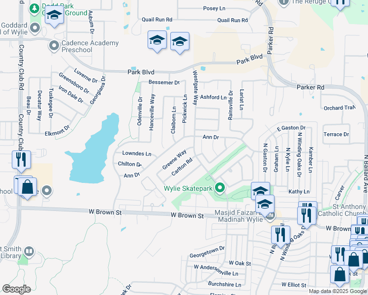 map of restaurants, bars, coffee shops, grocery stores, and more near 600 Claiborn Lane in Wylie