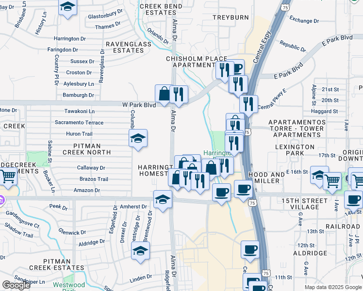map of restaurants, bars, coffee shops, grocery stores, and more near 1700 Alma Drive in Plano